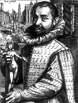 Historisches Kupferstich-Porträt des Bildhauers Adriaen de Vries mit einer Bronzefigur in der Hand