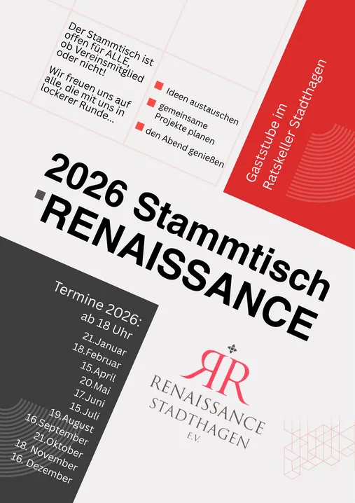 Plakat Stammtisch RENAISSANCE 2026 des Renaissance Stadthagen e.V. mit allen Terminen, Gaststube im Ratskeller Stadthagen, ab 18 Uhr