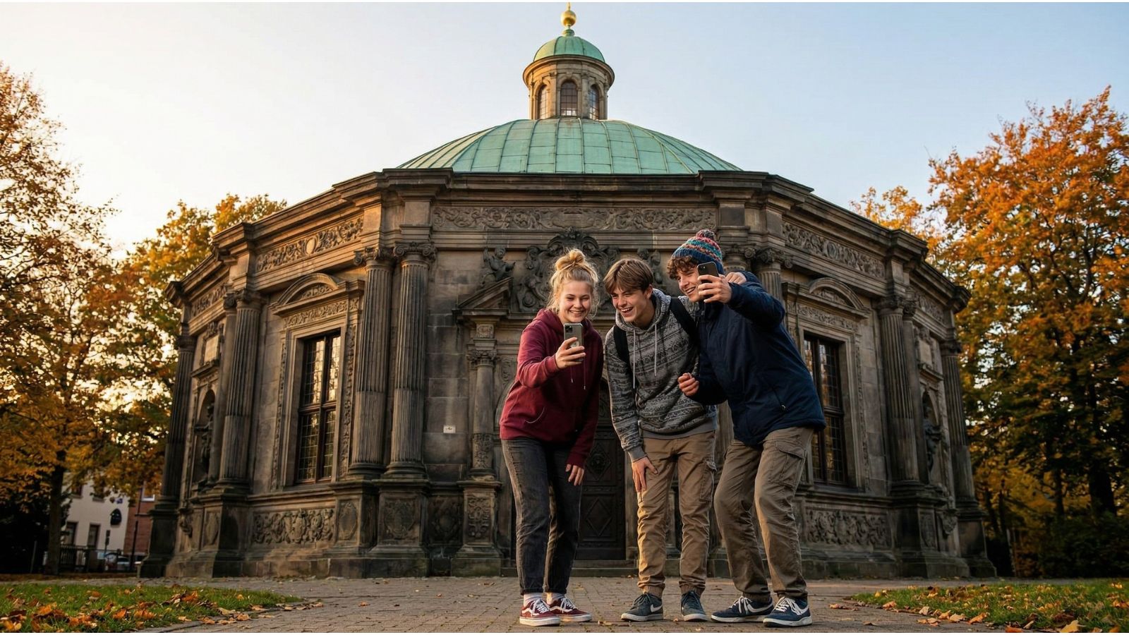Drei junge Content Creator schauen gemeinsam auf ein Smartphone vor dem Mausoleum Stadthagen im Herbst