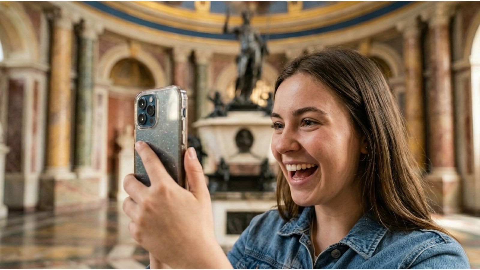 Junge Frau macht begeistert ein Selfie mit dem Smartphone im Renaissance-Mausoleum Stadthagen